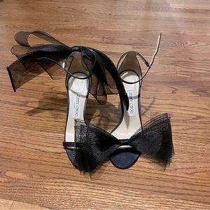 Jimmy Choo Aveline Black Tulle Asymmetrical Bow Heel Sandal